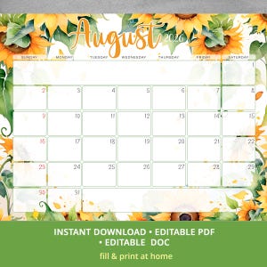 August 2026 Calendar Sunflower Printable, Editable PDF Word Monthly Planner, Floral Summer Schedule, US Letter Size Digital Download image 4