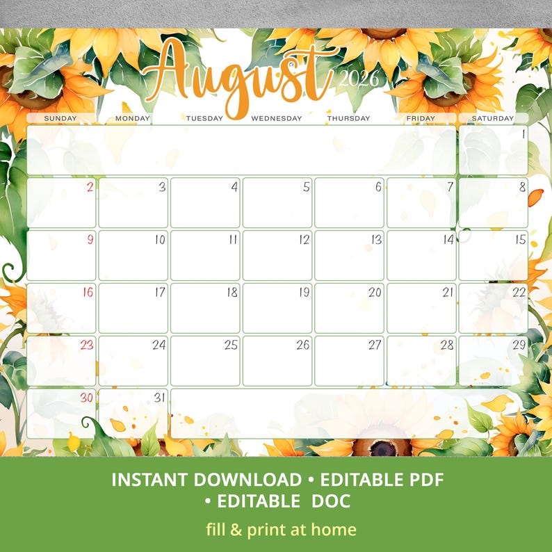 August 2026 Calendar Sunflower Printable, Editable PDF Word Monthly Planner, Floral Summer Schedule, US Letter Size Digital Download image 4
