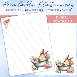 Papel de carta imprimible con un lindo conejo durmiendo y flores, papel para escribir imprimible, plantilla de Goodnotes, incluye plantilla de sobre