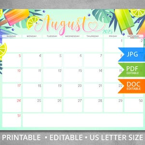 Bearbeitbarer Kalender August 2025. Wandkalender 2025. Sommerkalender. Letter Größe. Sonntag-Beginn