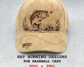 May include: Beige baseball cap with a detailed illustration of a largemouth bass leaping out of water, with a fishing lure and reeds. The text "HAT BURNING DESIGNS FOR BASEBALL CAPS" is printed below the cap.