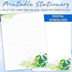 Papel de carta imprimible con trébol de cuatro hojas, papel de carta imprimible, plantilla de Goodnotes, incluye plantilla de sobre
