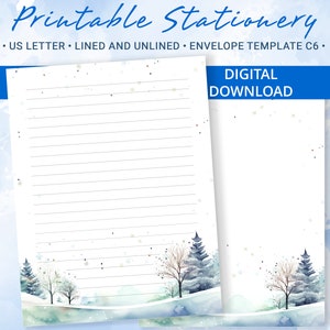 Papel de carta imprimible con fondo invernal, papel de carta imprimible, plantilla Goodnotes, incluye plantilla de sobre C6