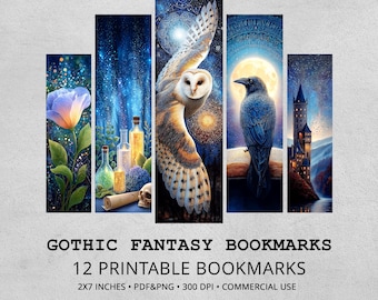Gothic Fantasy Printable Bookmarks, 12 Dark Magic Designs, Instant Download PDF PNG