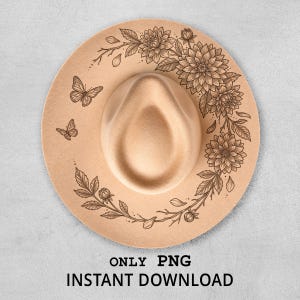 Può includere: Un cappello fedora beige con un motivo floreale e a farfalla inciso. Il cappello presenta un disegno dettagliato di fiori e foglie sul bordo, con due farfalle. Il testo "ONLY PNG INSTANT DOWNLOAD" è in basso.