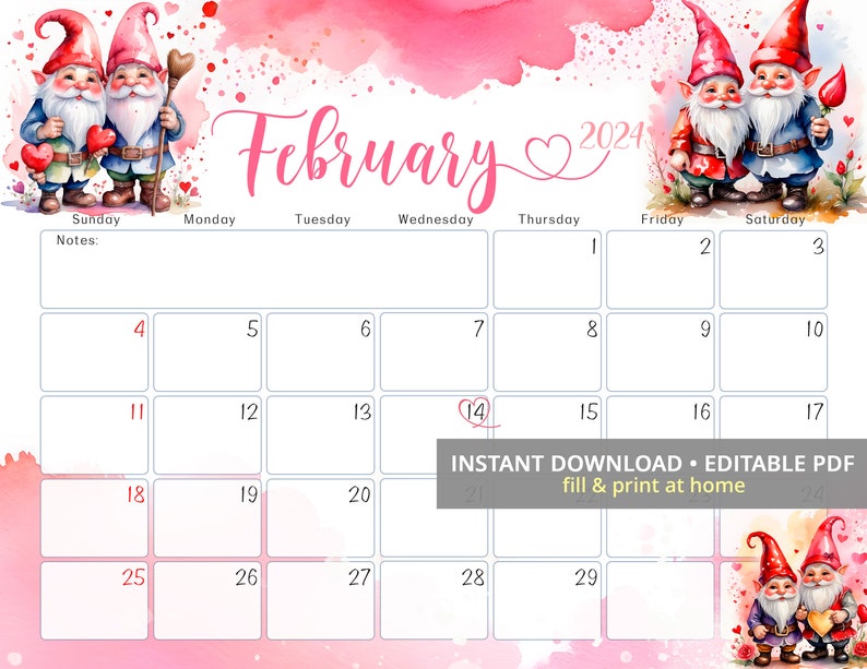 Editable February 2024 Calendar, February Calendar With Gnomes on
