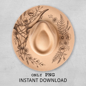 Puede incluir: Un sombrero fedora de color beige con un diseño decorativo. El sombrero presenta una ilustración detallada de una calavera de toro con detalles florales. El ala está adornada con patrones florales y de hojas adicionales. El texto "ONLY PNG INSTANT DOWNLOAD" está en la parte inferior.