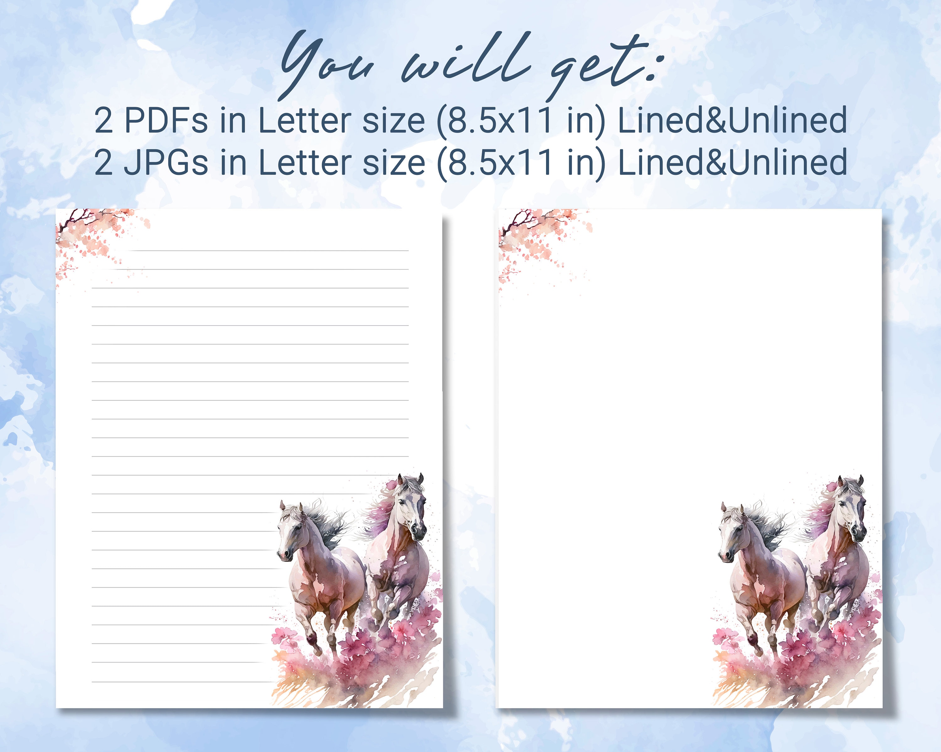 Printable Stationery Lined Paper With Horses Running in a Field of ...