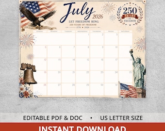 July 2026 Calendar, Editable Patriotic Planner, Printable US 250th Anniversary Template