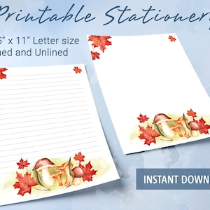 Papel rayado imprimible de otoño con hojas y setas otoñales, papel para escribir imprimible, plantilla de Goodnotes