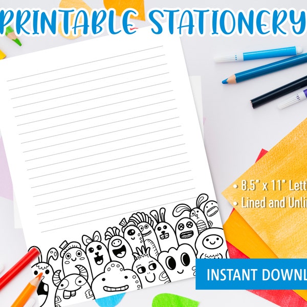 Printable Stationery for kids, Printable Writing Paper with doodle art cartoon, Goodnotes template