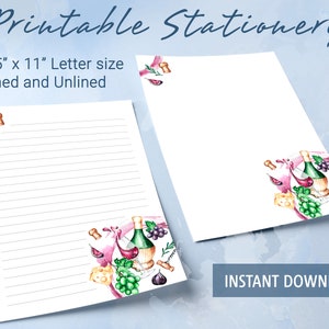Papel rayado imprimible con vino, uvas y queso, papel para escribir imprimible, plantilla de Goodnotes