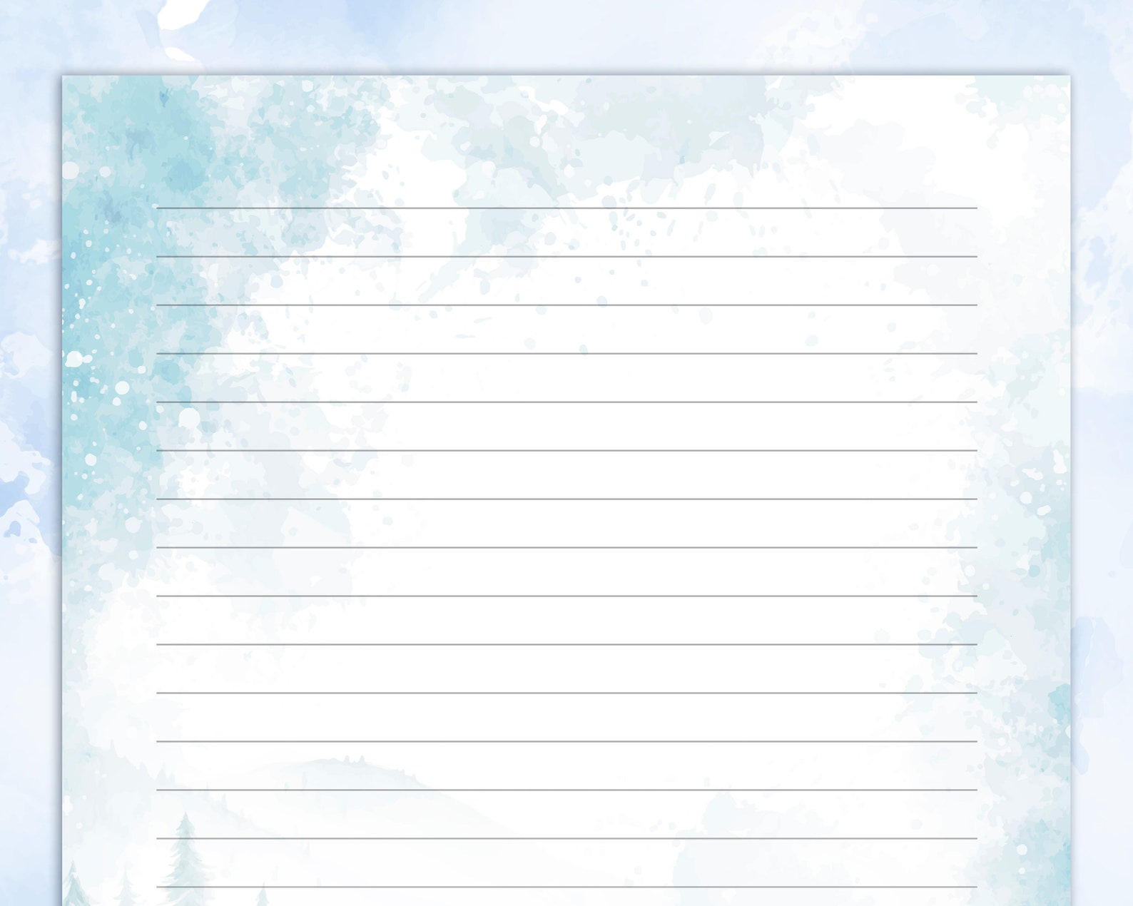 Printable stationery lined paper with frozen landscape scene of