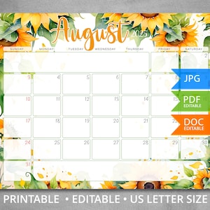August 2025 Sonnenblumenkalender druckbarer, bearbeitbarer Monatsplaner, ästhetischer Wandkalender, US Letter-Größe, sofortiger Download