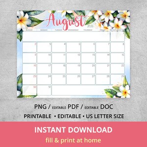 May include: A printable August 2026 calendar with a watercolor design. The calendar features a light blue background with floral accents and the word "August" in pink script. The calendar is US Letter size and available for instant download.