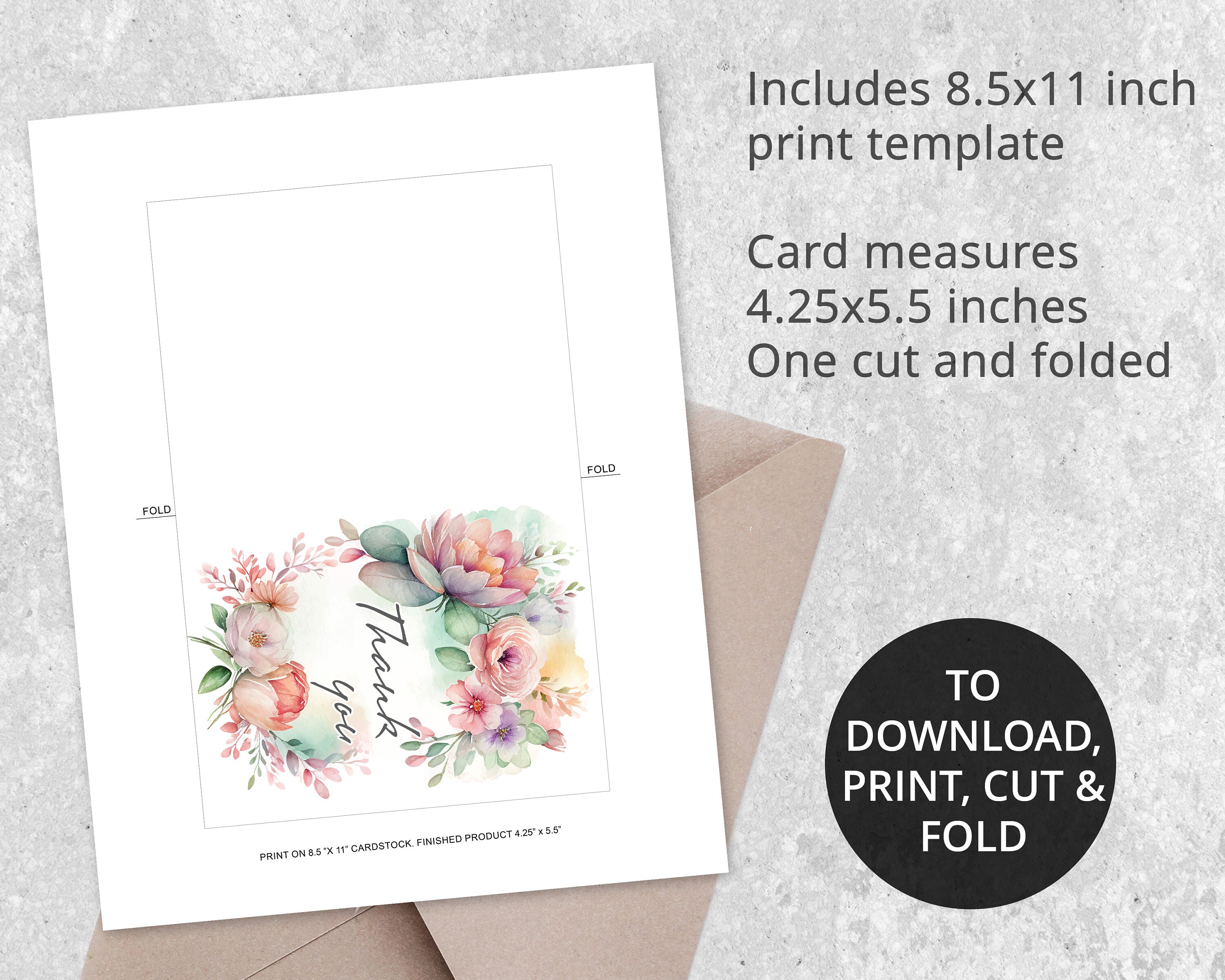 Floral Thank You Card Printable, Thank You Note, Instant Download PDF ...