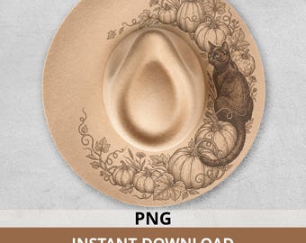 Black Cat Hat Burning Design PNG, Pumpkin Fall Pattern for Wide Brim Hats