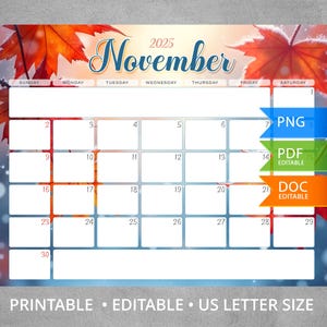 November 2025 Calendar: Autumn Leaves Fillable Planner (US Letter Size, Printable/Editable PDF & DOCX Files)