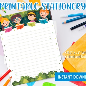 Papelería imprimible para niños, papel de carta imprimible con niños divertidos leyendo un libro, plantilla de Goodnotes