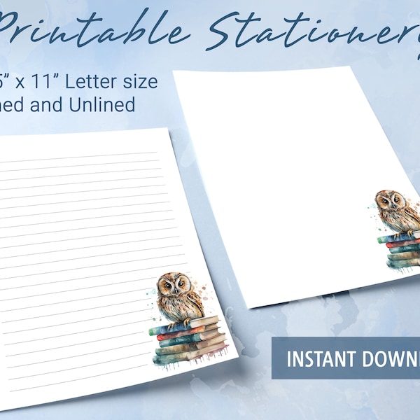 Printable Stationery lined paper, Printable Writing Paper with owl sitting on books, Letter Writing Paper, Personalized notepad