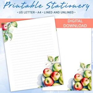 Papel rayado de papelería imprimible, papel para escribir cartas con manzanas, tamaño A4 y carta estadounidense, plantilla Goodnotes, licencia comercial