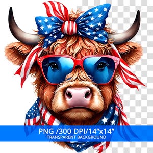 Patriotic Highland Cow PNG, 4th of july Sublimation Design, Trendy America USA, Digital Download