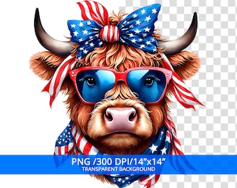 Patriotic Highland Cow PNG, 4th of july Sublimation Design, Trendy America USA, Digital Download