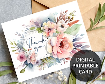 May include: A digital printable card with a watercolor floral design. The card features a hexagon-shaped frame with the text "Thank you" in a navy blue font. The flowers are in shades of pink, white, and blue.
