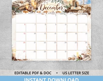 December 2026 Editable Calendar with Poinsettia, Printable Christmas Wall Planner, Watercolor Floral