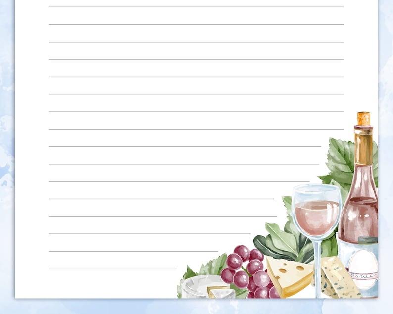 Printable Stationery Lined Paper With Wine, Grapes and Cheese, Printable Writing Paper ...