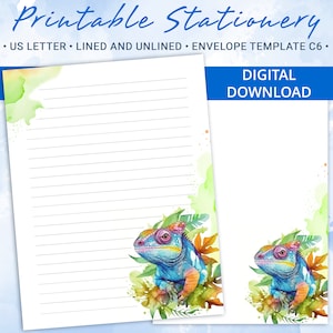 Papel rayado imprimible, papel para escribir imprimible con un lagarto arcoíris, papel para escribir cartas, incluye plantilla de sobre C6