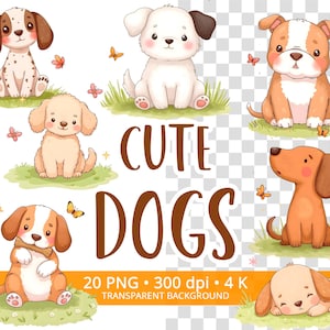 Cute Dogs Clipart - 20 PNG, Funny dogs Clipart Bundle, Kawaii dog Illustrations for Stickers & Sublimation, Digital Download, Commercial Use