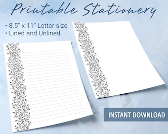 Black & White printable stationery lined paper, Printable Writing Paper, Hand drawn minimalist floral pattern, Goodnotes template