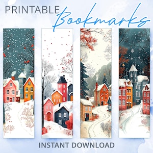 Printable Bookmarks Set, Bookmarks with cute winter houses, Elegant Bookmarks, Book Lovers Gifts