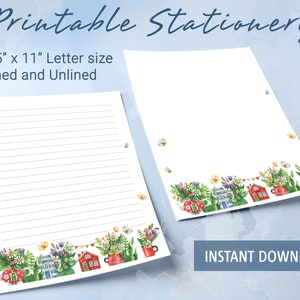 Papel rayado imprimible con flores de verano, papel para escribir imprimible con calles florales, papel para escribir cartas, bloc de notas personalizado
