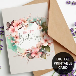 Cartão de aniversário para impressão, cartão de aniversário floral digital com flores de herry, cartão de felicitações 5x7, DOWNLOAD DIGITAL