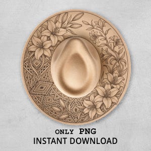 Può includere: Cappello fedora color beige con intricati disegni floreali e geometrici incisi sul bordo. Il cappello presenta una corona centrale e un'ampia tesa. Il testo "ONLY PNG INSTANT DOWNLOAD" è in basso.