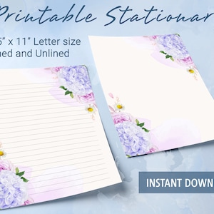Papel rayado para papelería imprimible con motivos florales, papel para escribir imprimible, acuarela, rosas moradas, dalias y hortensias, plantilla de Goodnotes