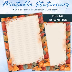 Papel rayado imprimible, papel para escribir cartas con fondo otoñal, tamaño A4 y carta de EE. UU., plantilla de Goodnotes, licencia comercial
