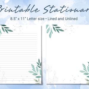Papelería imprimible Hojas de acuarela Papel de escritura imprimible Papel de escritura de cartas botánicas Juego de escritura Bloc de notas personalizado Tamaño carta