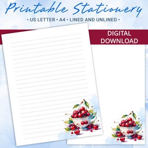 Papelería imprimible con temática de cerezas: papel rayado y liso, bonito papel para escribir cartas en acuarela, tamaño A4 y carta, descarga digital instantánea.