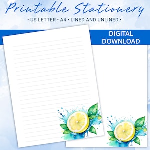 Papel rayado imprimible, papel para escribir cartas con jugoso limón, tamaño A4 y carta de EE. UU., plantilla de Goodnotes, licencia comercial