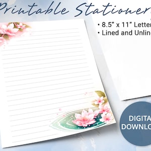 Papel rayado para papelería imprimible con motivos florales, papel para escribir imprimible con flores de cerezo, plantilla de Goodnotes