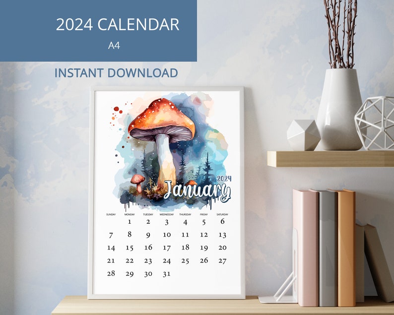 Calendar 2024 Printable, Watercolor Mushrooms Calendar, Desk Calendar