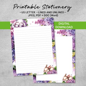 Cute Bunny Printable Stationery Paper, Purple Floral Writing Paper with Lined and Unlined Pages