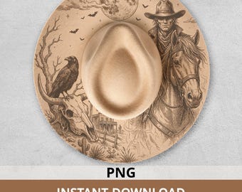 Haunted Western Hat Burning Design PNG, Gothic Cowboy Pattern with Cow Skull