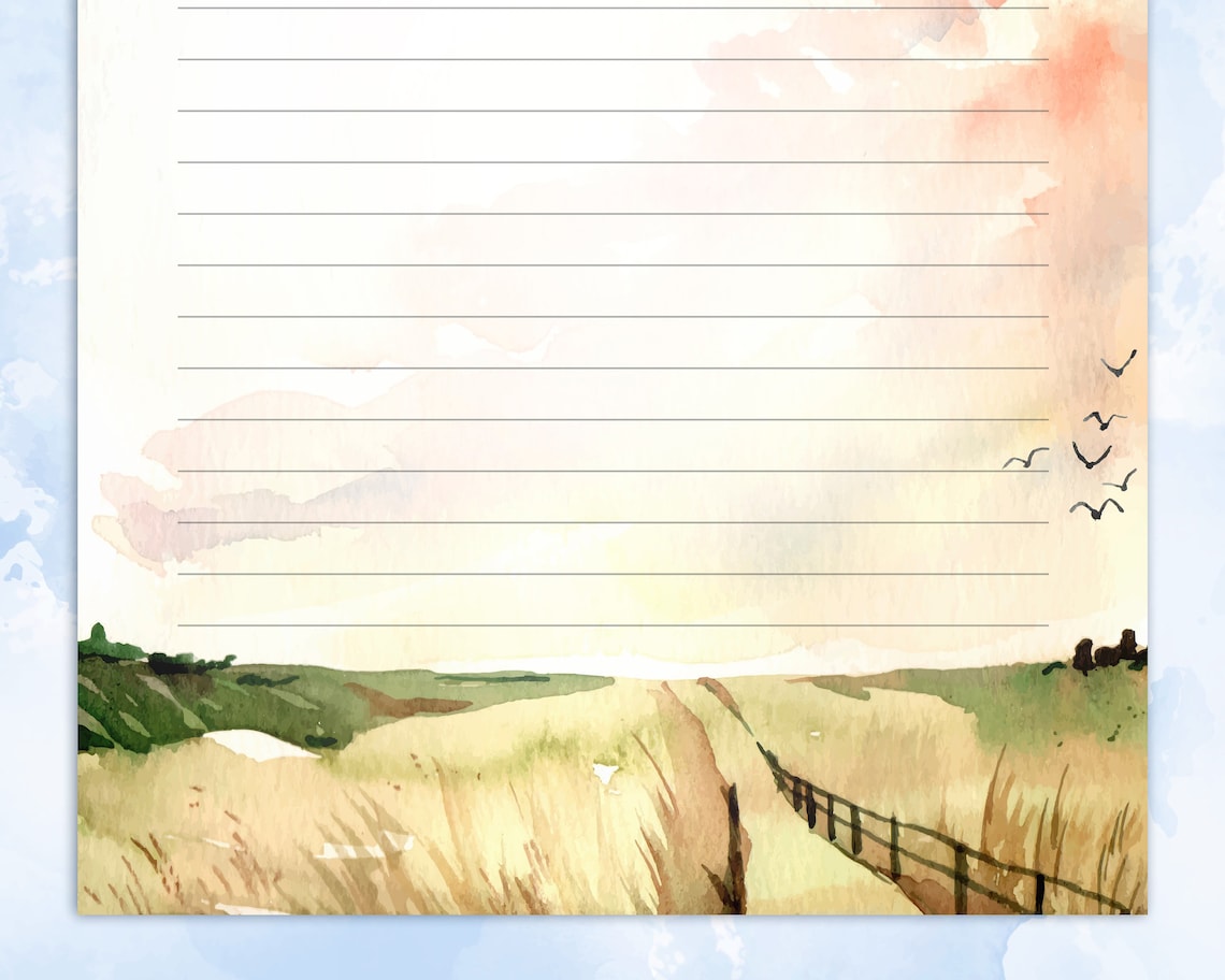 Printable Stationery Paper With Watercolor Landscape of Grass Field ...