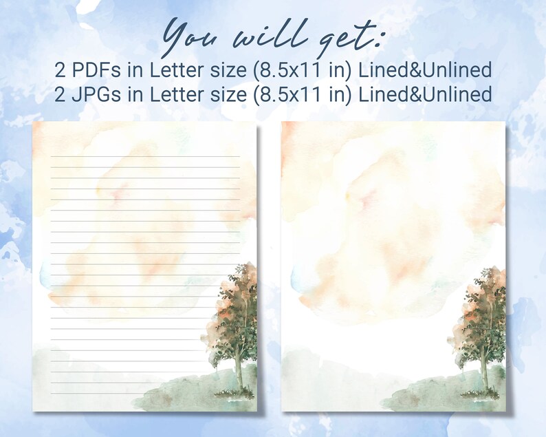 Printable Stationary, Tree Landscape Watercolor Printable Writing Paper ...