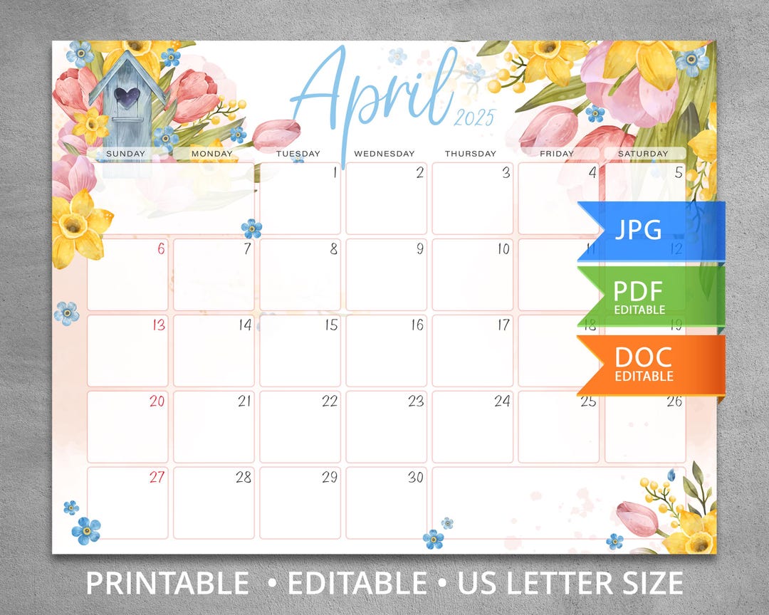 Editable April 2025 Calendar, Spring Floral Printable Fillable Planner