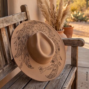Dreamcatcher Hat Burning Design, Boho Western Hat Engraving Template with Feathers, PNG PDF image 6